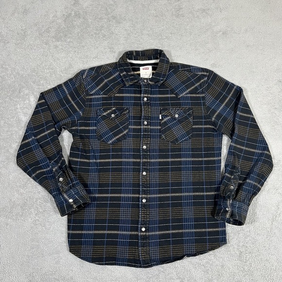 Levi's Flannel Shirt Mens Medium Plaid Pearl Snap Western Long Sleeves Cowboy - Picture 1 of 11